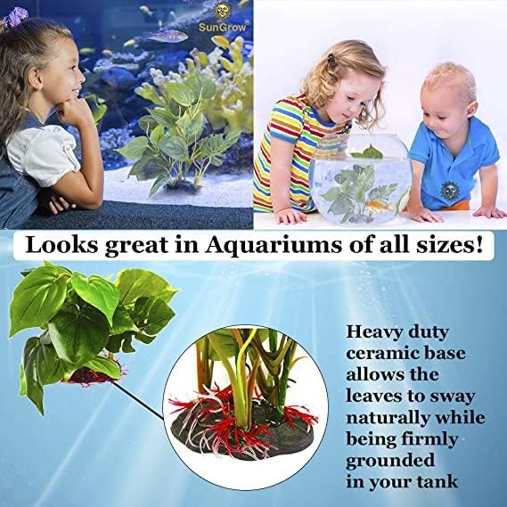 SunGrow Plastic Leaf Plant, Heavy-Duty Ceramic Base, Hiding Spot for Fish, Betta, Angelfish, Gold Fish, Frog, Python, Reptiles, Amphibians (10 Inches, 1, Count)