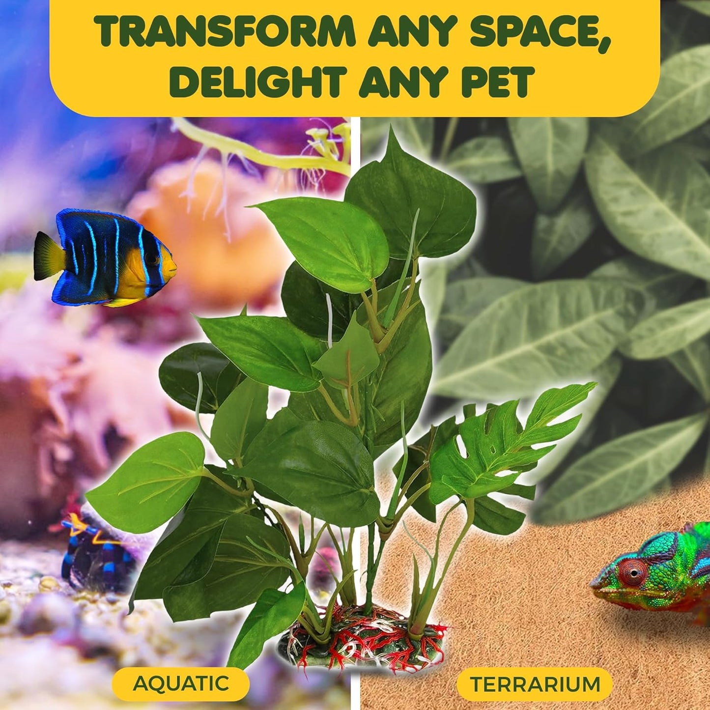 SunGrow Gecko and Snake Tank Artificial Plant for Terrarium, Decorative Plant for Tanks, Realistic Fake Plant Habitat Decor, Tank Accessories, Tropical Plant Ball Python Tank Decorative Foliage