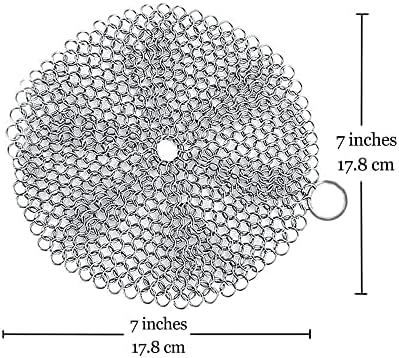 Synra Cast Iron Scrubber, 7 Inches Diameter, Round 316 Premium Stainless Steel, Lightweight, Flexible Chainmail Scrubber, Cleans Cookware with No Scratches or Residue