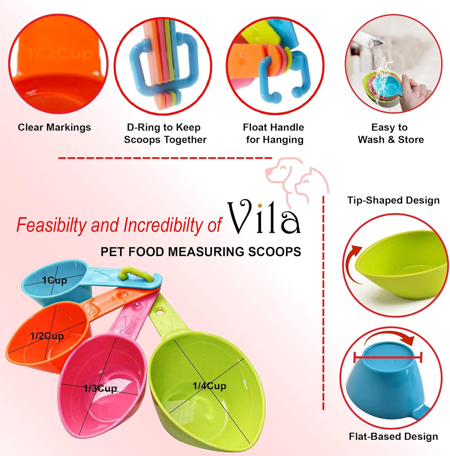 Vila Pet Food Measuring Scoop Cups, One Set to Feed Them All - Ideal for Multi-Pet Homes, Perfect Portion for Your Pets, Easy to Fill and Measure, 4pcs