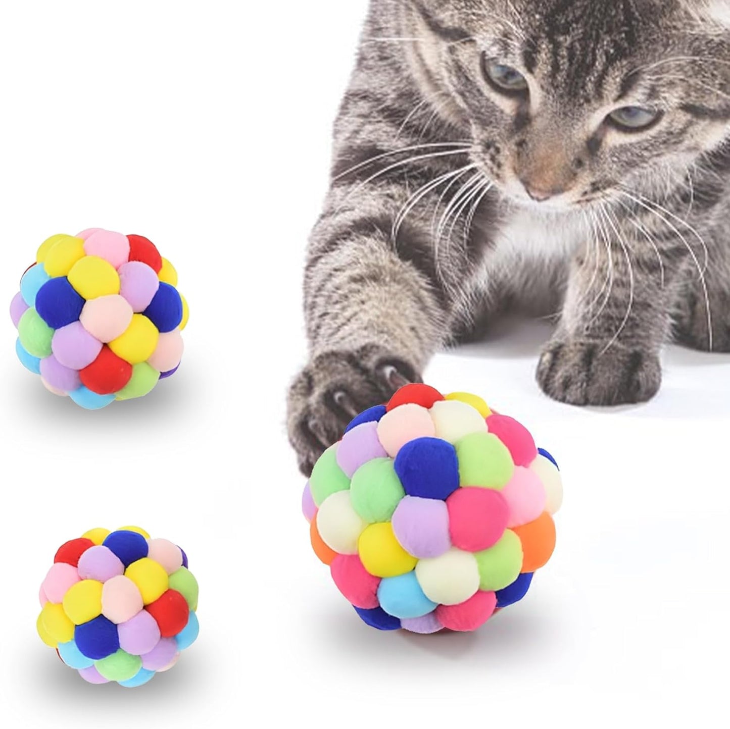 Vila Fuzzy Balls with Bells for Cats, Chewing and Enrichment Tool, Multi-color Soft Plush, Small (2”), Medium (2.5”), Large (3”), 3 Pieces Per Pack