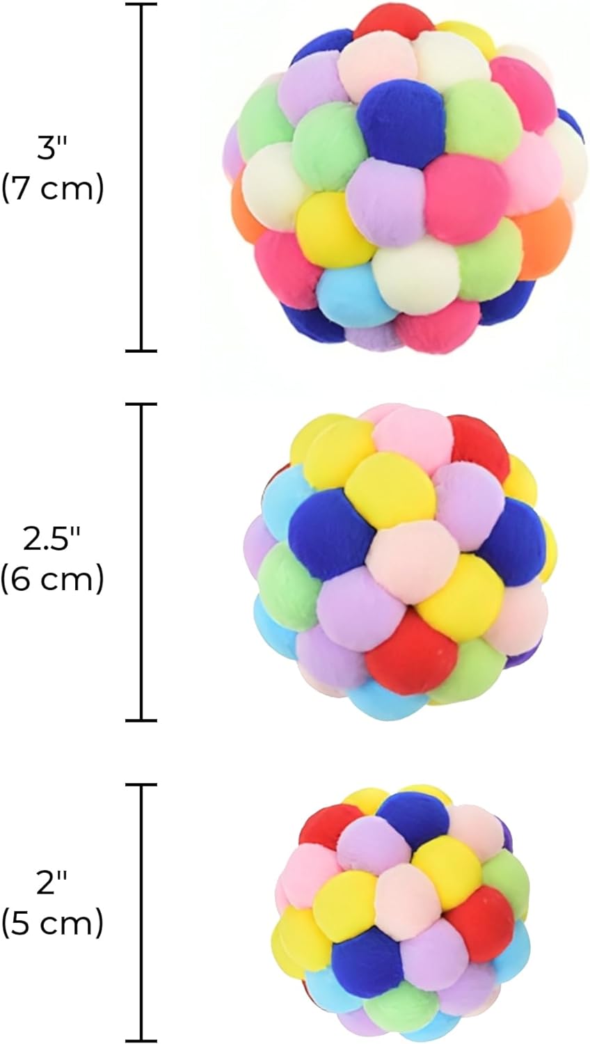 Vila Fuzzy Balls with Bells for Cats, Chewing and Enrichment Tool, Multi-color Soft Plush, Small (2”), Medium (2.5”), Large (3”), 3 Pieces Per Pack